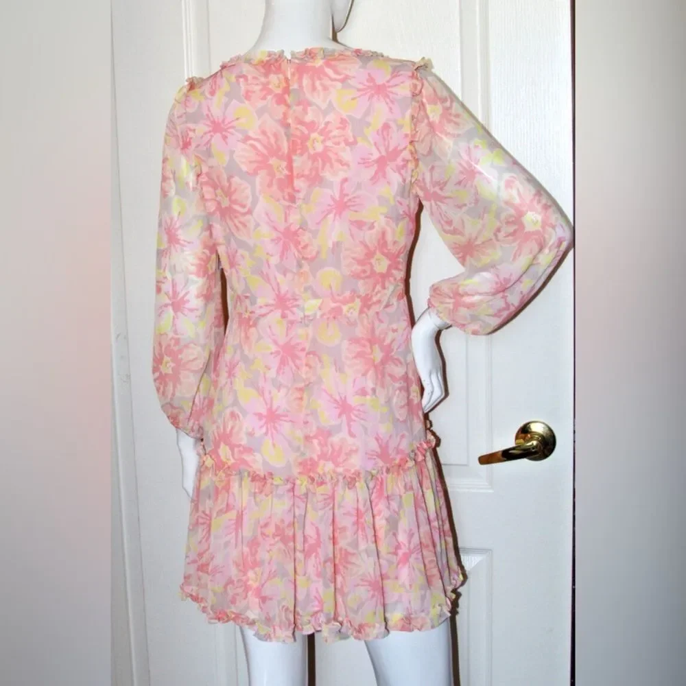 LIKELY | Mia Dress in Peach/ Pink Floral Mini Ruffle Dress Size 6 - Picture 4 of 6